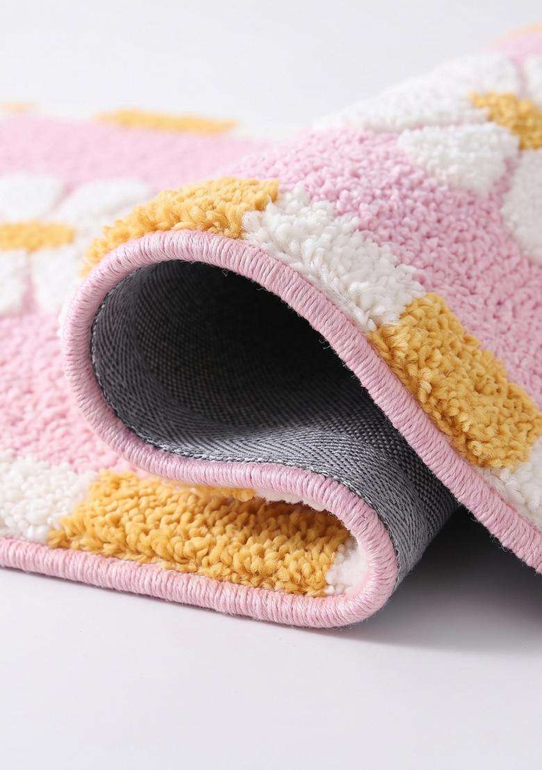 Saffron Rugs Hand Tufted Cotton Bath Mat | Light Pink Rectangular | Anti Slip Backing | Casual Floral Bathroom Rug - Indya