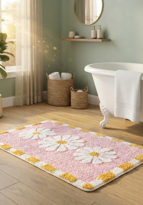 Saffron Rugs Hand Tufted Cotton Bath Mat | Light Pink Rectangular | Anti Slip Backing | Casual Floral Bathroom Rug