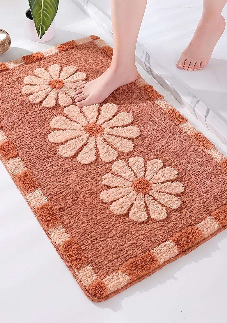 Saffron Rugs Hand Tufted Cotton Bath Mat | Terracotta Coral Rectangular | Anti Slip Backing | Casual Floral Bathroom Rug - Indya