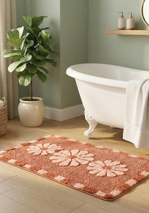 Saffron Rugs Hand Tufted Cotton Bath Mat | Terracotta Coral Rectangular | Anti Slip Backing | Casual Floral Bathroom Rug