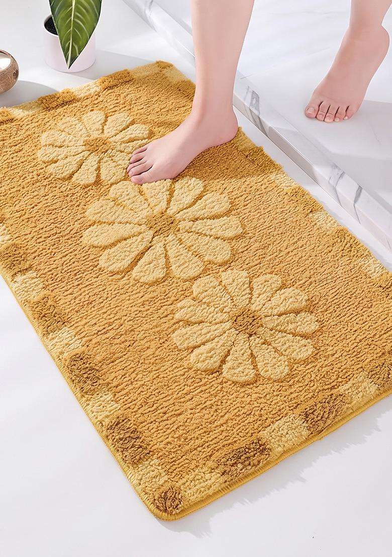Saffron Rugs Hand Tufted Cotton Bath Mat | Mustard Yellow Rectangular | Anti Slip Backing | Casual Floral Bathroom Rug - Indya