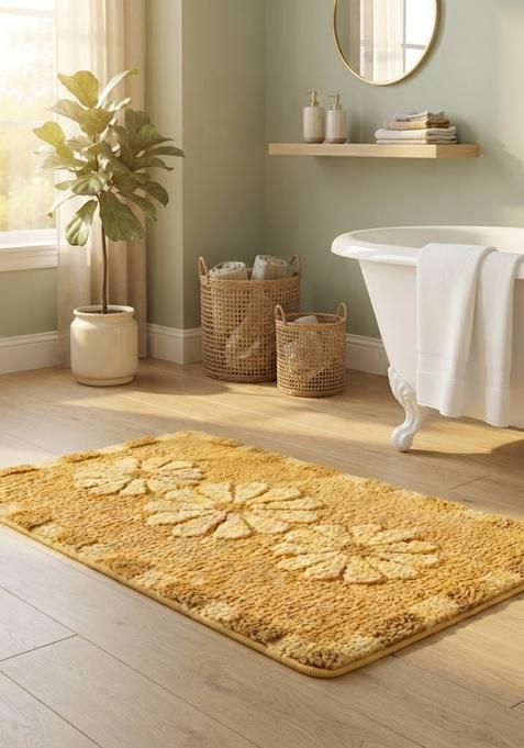 Saffron Rugs Hand Tufted Cotton Bath Mat | Mustard Yellow Rectangular | Anti Slip Backing | Casual Floral Bathroom Rug
