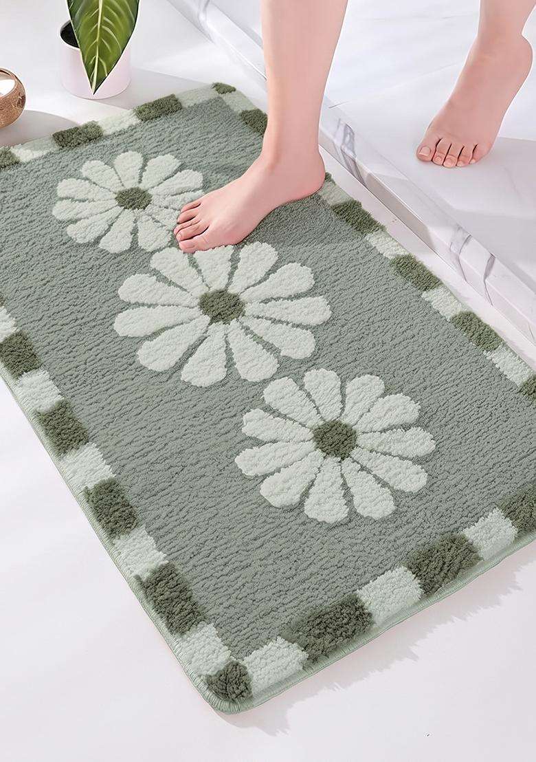 Saffron Rugs Hand Tufted Cotton Bath Mat | Sage Green Rectangular | Anti Slip Backing | Casual Floral Bathroom Rug - Indya