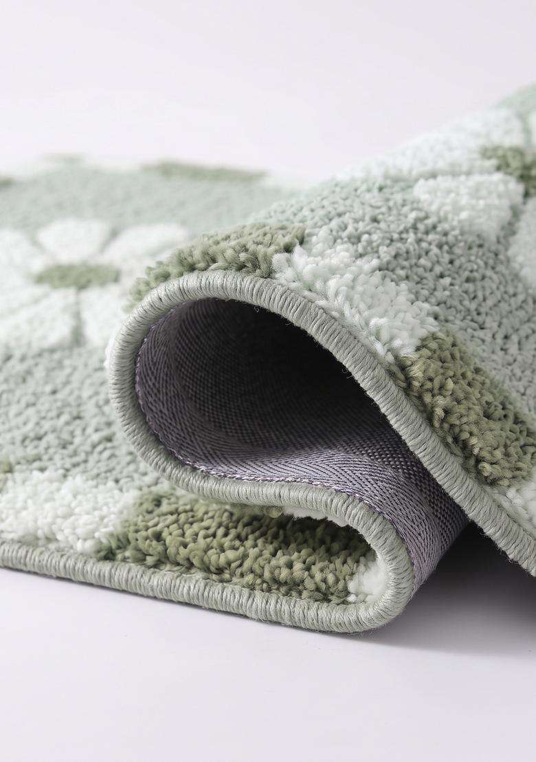 Saffron Rugs Hand Tufted Cotton Bath Mat | Sage Green Rectangular | Anti Slip Backing | Casual Floral Bathroom Rug - Indya