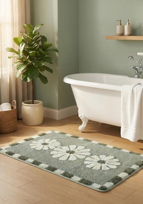 Saffron Rugs Hand Tufted Cotton Bath Mat | Sage Green Rectangular | Anti Slip Backing | Casual Floral Bathroom Rug