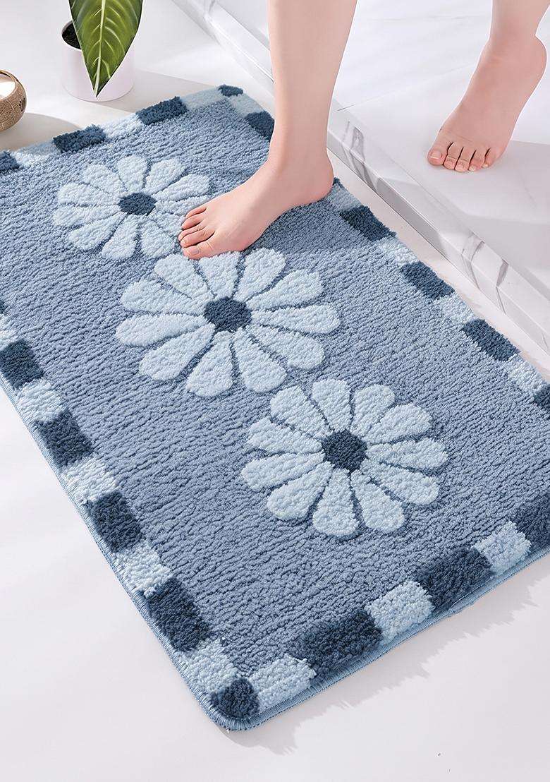 Saffron Rugs Hand Tufted Cotton Bath Mat | Slate Blue Rectangular | Anti Slip Backing | Casual Floral Bathroom Rug - Indya