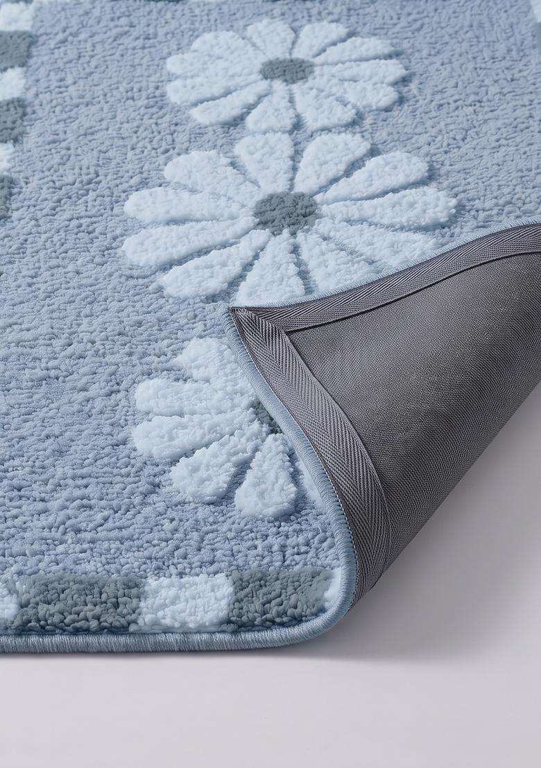 Saffron Rugs Hand Tufted Cotton Bath Mat | Slate Blue Rectangular | Anti Slip Backing | Casual Floral Bathroom Rug - Indya