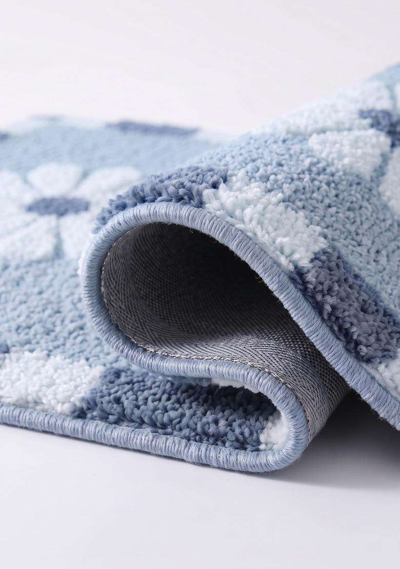 Saffron Rugs Hand Tufted Cotton Bath Mat | Slate Blue Rectangular | Anti Slip Backing | Casual Floral Bathroom Rug - Indya