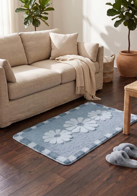 Saffron Rugs Hand Tufted Cotton Bath Mat | Slate Blue Rectangular | Anti Slip Backing | Casual Floral Bathroom Rug