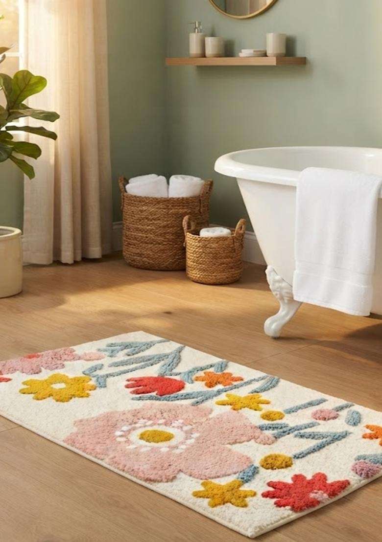 Saffron Rugs Hand Tufted Cotton Bath Mat | Cream Multicolor Rectangular | Anti Slip Backing | Bohemian Floral Bathroom Rug - Indya