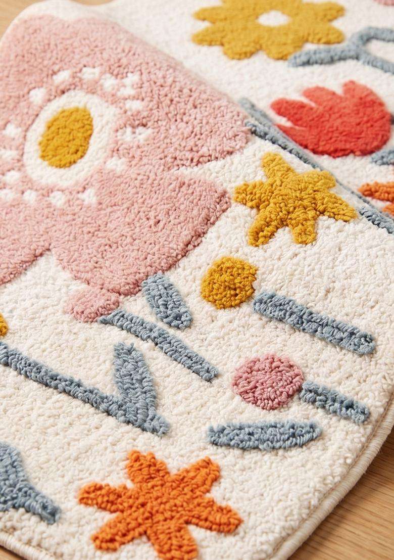 Saffron Rugs Hand Tufted Cotton Bath Mat | Cream Multicolor Rectangular | Anti Slip Backing | Bohemian Floral Bathroom Rug - Indya