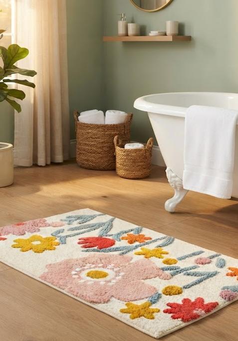 Saffron Rugs Hand Tufted Cotton Bath Mat | Cream Multicolor Rectangular | Anti Slip Backing | Bohemian Floral Bathroom Rug