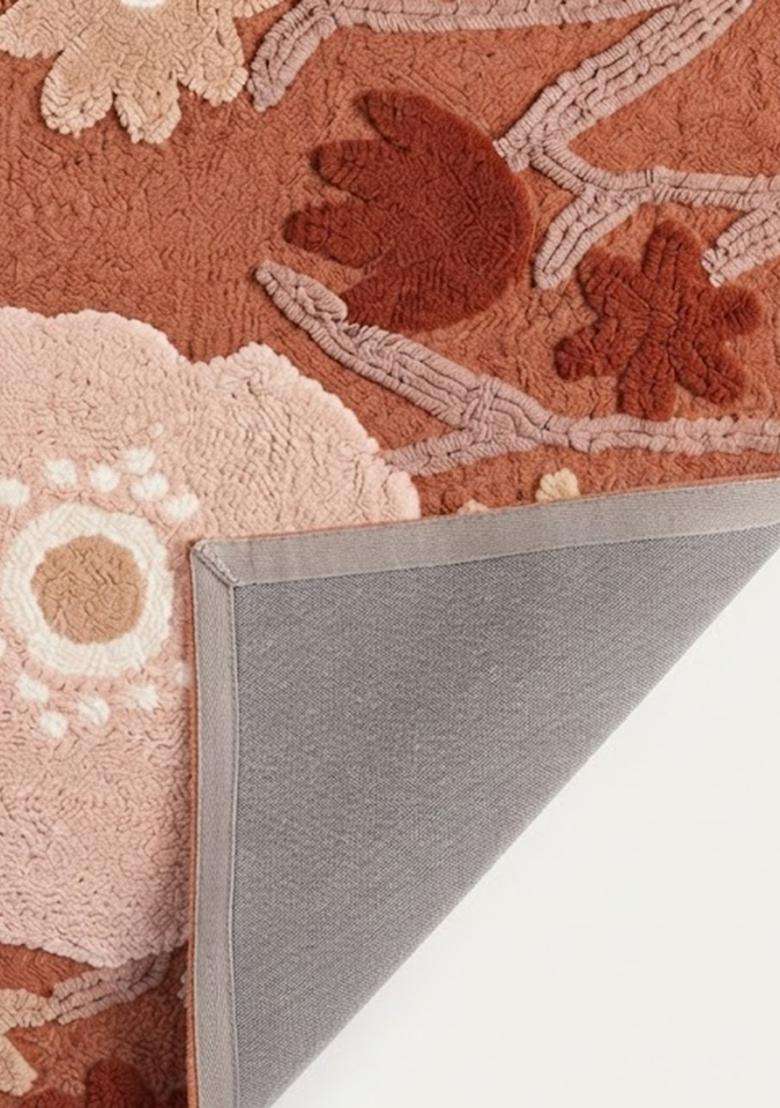 Saffron Rugs Hand Tufted Cotton Bath Mat | Terracotta Rectangular | Anti Slip Backing | Bohemian Floral Bathroom Rug - Indya