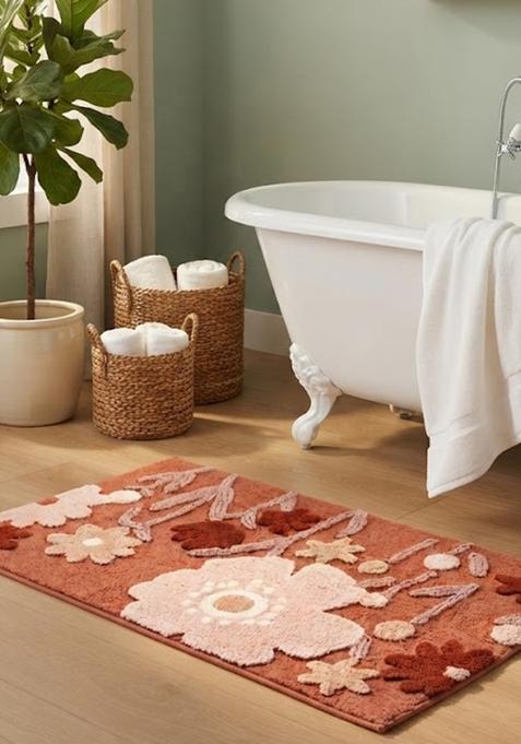 Saffron Rugs Hand Tufted Cotton Bath Mat | Terracotta Rectangular | Anti Slip Backing | Bohemian Floral Bathroom Rug