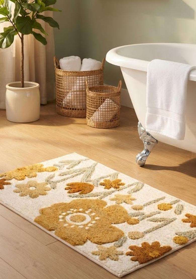 Saffron Rugs Hand Tufted Cotton Bath Mat | Cream Mustard Gold Rectangular | Anti Slip Backing | Bohemian Floral Bathroom Rug - Indya