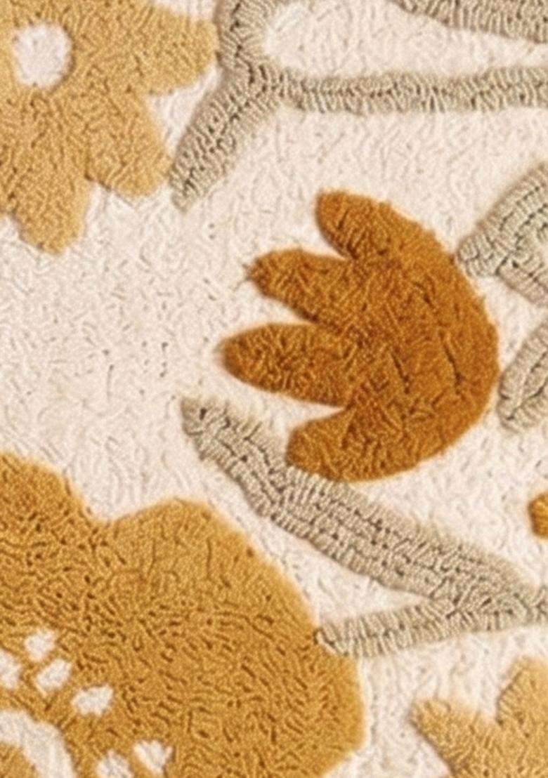Saffron Rugs Hand Tufted Cotton Bath Mat | Cream Mustard Gold Rectangular | Anti Slip Backing | Bohemian Floral Bathroom Rug - Indya
