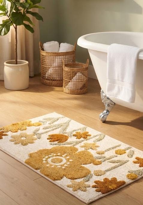 Saffron Rugs Hand Tufted Cotton Bath Mat | Cream Mustard Gold Rectangular | Anti Slip Backing | Bohemian Floral Bathroom Rug
