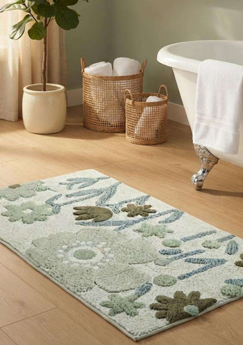 Saffron Rugs Hand Tufted Cotton Bath Mat | Sage Green Rectangular | Anti Slip Backing | Bohemian Floral Bathroom Rug - Indya