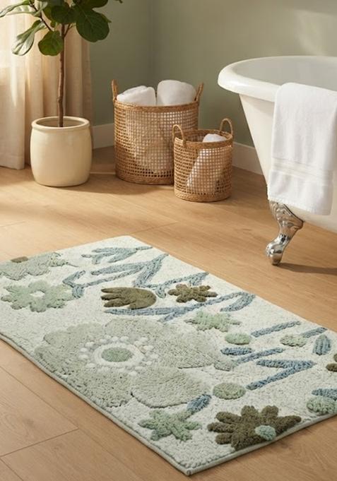 Saffron Rugs Hand Tufted Cotton Bath Mat | Sage Green Rectangular | Anti Slip Backing | Bohemian Floral Bathroom Rug