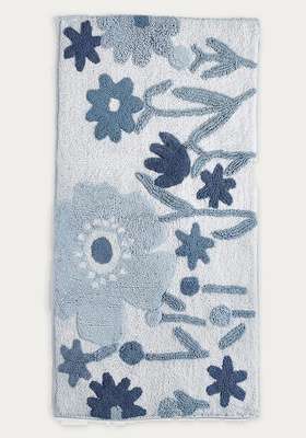 Saffron Rugs Hand Tufted Cotton Bath Mat | Light Blue Rectangular | Anti Slip Backing | Bohemian Floral Bathroom Rug