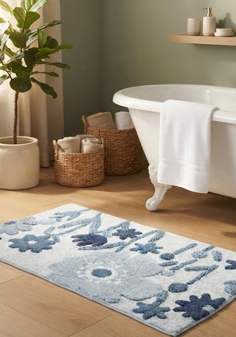 Saffron Rugs Hand Tufted Cotton Bath Mat | Light Blue Rectangular | Anti Slip Backing | Bohemian Floral Bathroom Rug