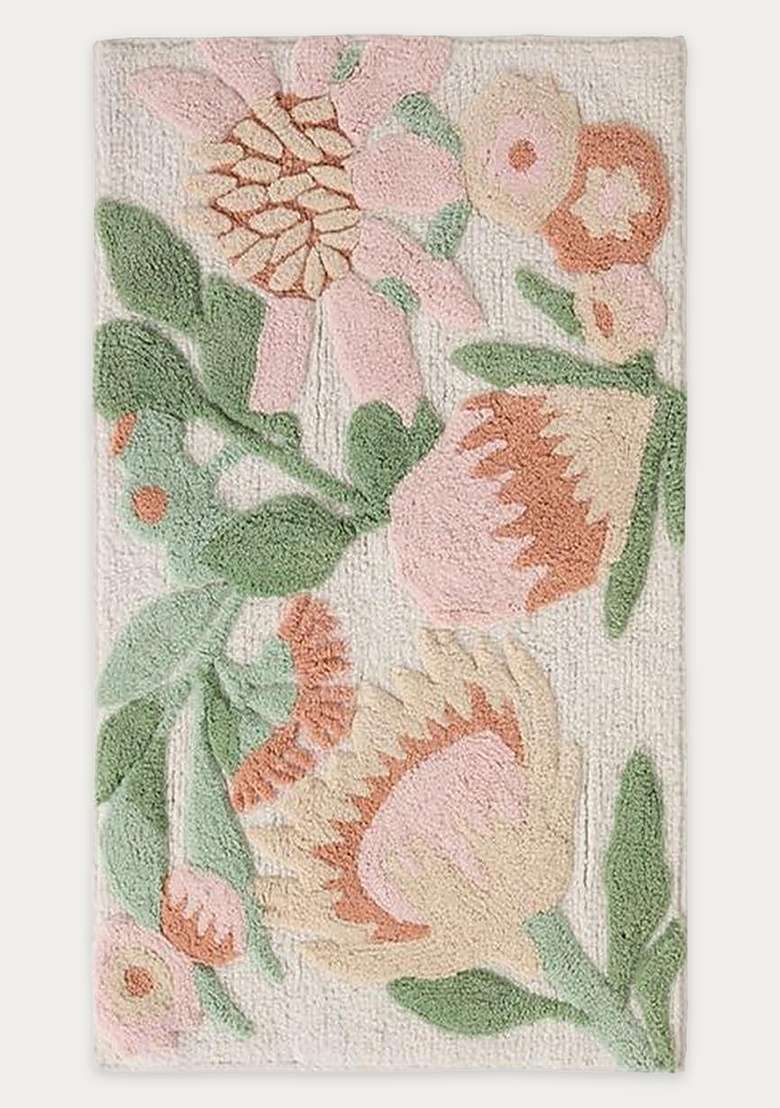 Saffron Rugs Hand Tufted Cotton Bath Mat | Cream Rectangular | Anti Slip Backing | Cottage Floral Bathroom Rug - Indya