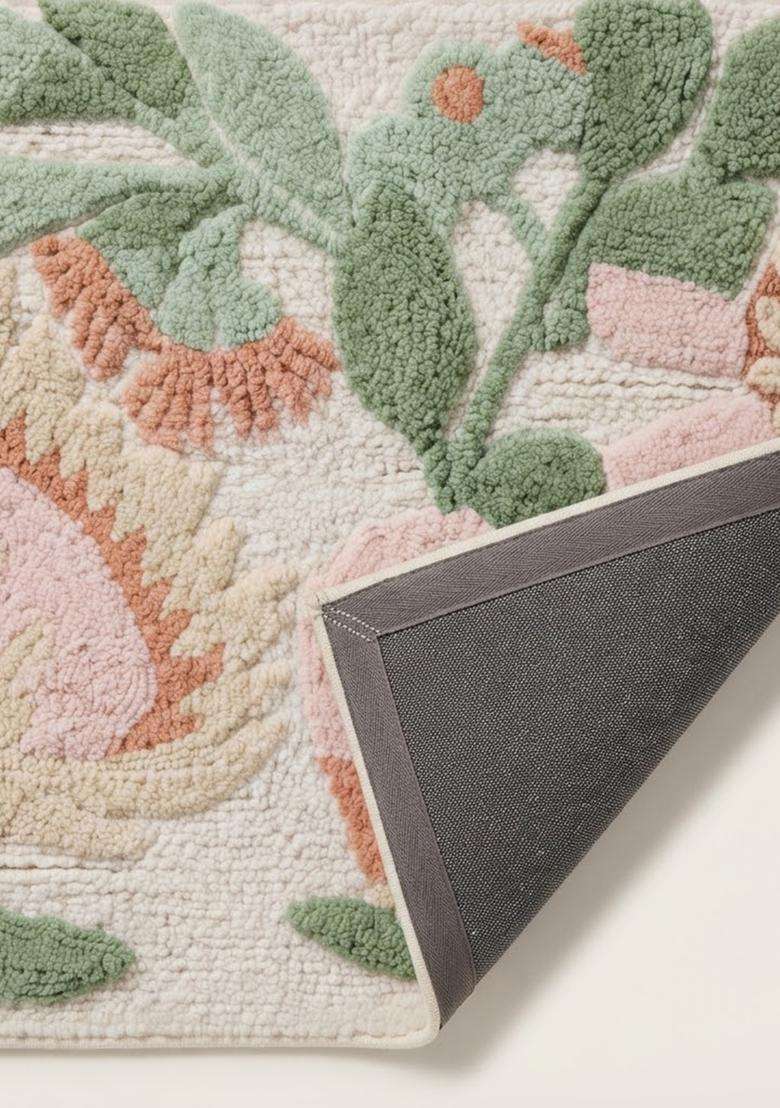 Saffron Rugs Hand Tufted Cotton Bath Mat | Cream Rectangular | Anti Slip Backing | Cottage Floral Bathroom Rug - Indya