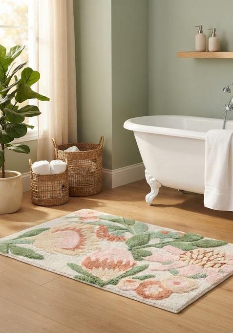 Saffron Rugs Hand Tufted Cotton Bath Mat | Cream Rectangular | Anti Slip Backing | Cottage Floral Bathroom Rug
