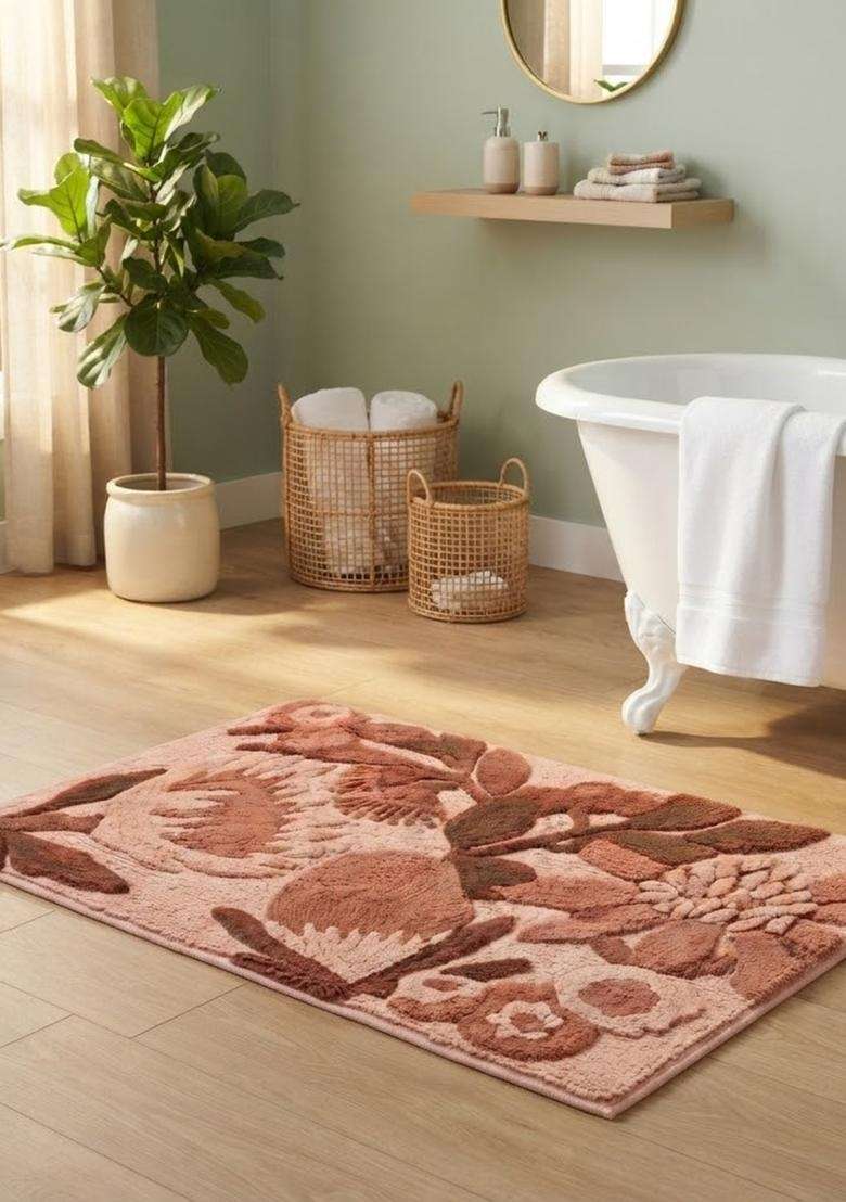 Saffron Rugs Hand Tufted Cotton Bath Mat | Blush Peach Rectangular | Anti Slip Backing | Cottage Floral Bathroom Rug - Indya