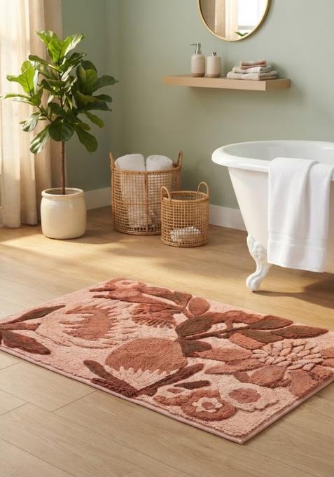 Saffron Rugs Hand Tufted Cotton Bath Mat | Blush Peach Rectangular | Anti Slip Backing | Cottage Floral Bathroom Rug