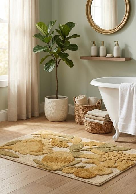 Saffron Rugs Hand Tufted Cotton Bath Mat | Mustard Gold Rectangular | Anti Slip Backing | Cottage Floral Bathroom Rug