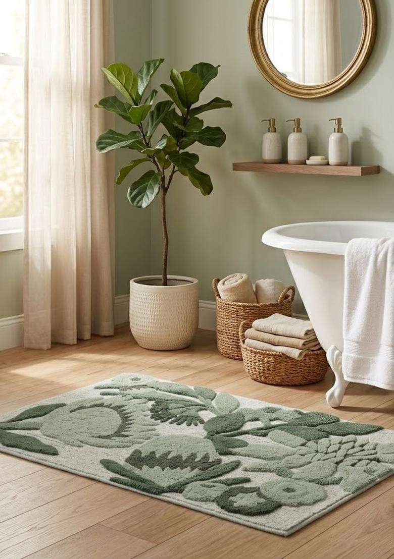 Saffron Rugs Hand Tufted Cotton Bath Mat | Sage Green Rectangular | Anti Slip Backing | Cottage Floral Bathroom Rug - Indya