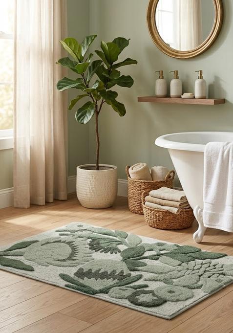 Saffron Rugs Hand Tufted Cotton Bath Mat | Sage Green Rectangular | Anti Slip Backing | Cottage Floral Bathroom Rug