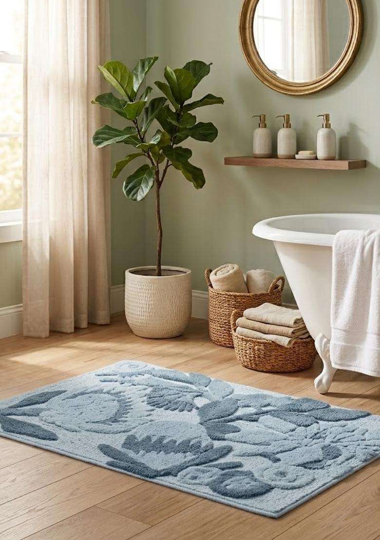 Saffron Rugs Hand Tufted Cotton Bath Mat | Dusty Blue Rectangular | Anti Slip Backing | Cottage Floral Bathroom Rug - Indya
