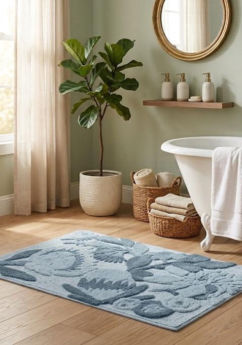 Saffron Rugs Hand Tufted Cotton Bath Mat | Dusty Blue Rectangular | Anti Slip Backing | Cottage Floral Bathroom Rug