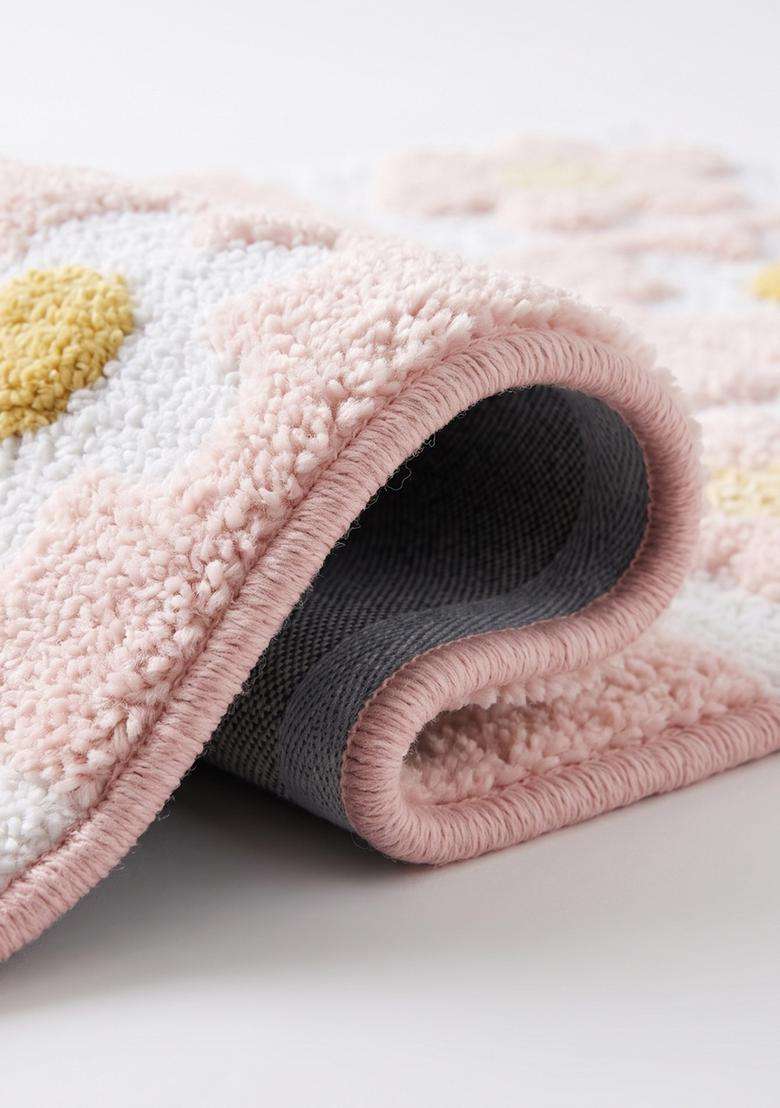 Saffron Rugs Hand Tufted Cotton Bath Mat | Pink and White Rectangular | Anti Slip Backing | Casual Floral Bathroom Rug - Indya