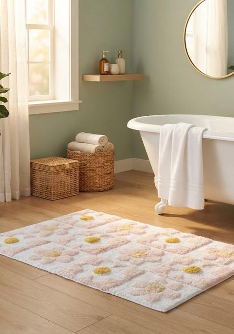 Saffron Rugs Hand Tufted Cotton Bath Mat | Pink and White Rectangular | Anti Slip Backing | Casual Floral Bathroom Rug