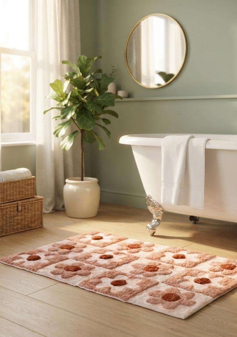 Saffron Rugs Hand Tufted Cotton Bath Mat | Blush Pink Rectangular | Anti Slip Backing | Casual Floral Bathroom Rug - Indya