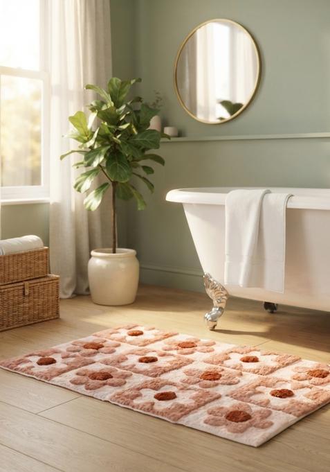 Saffron Rugs Hand Tufted Cotton Bath Mat | Blush Pink Rectangular | Anti Slip Backing | Casual Floral Bathroom Rug