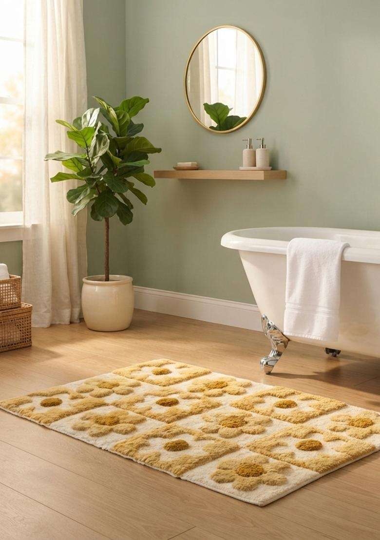 Saffron Rugs Hand Tufted Cotton Bath Mat | Mustard Yellow Cream Rectangular | Anti Slip Backing | Casual Floral Bathroom Rug - Indya