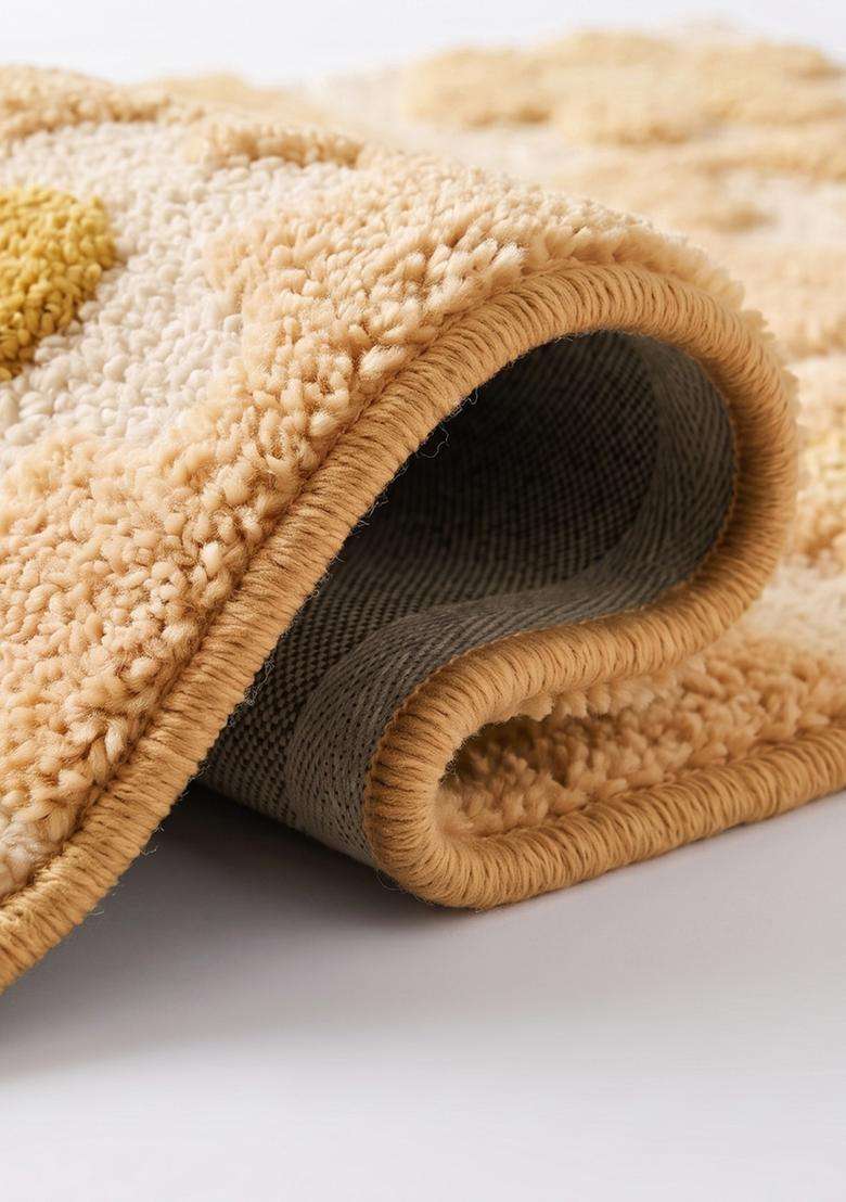 Saffron Rugs Hand Tufted Cotton Bath Mat | Mustard Yellow Cream Rectangular | Anti Slip Backing | Casual Floral Bathroom Rug - Indya