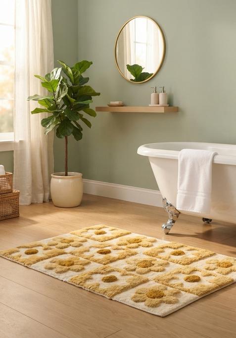 Saffron Rugs Hand Tufted Cotton Bath Mat | Mustard Yellow Cream Rectangular | Anti Slip Backing | Casual Floral Bathroom Rug