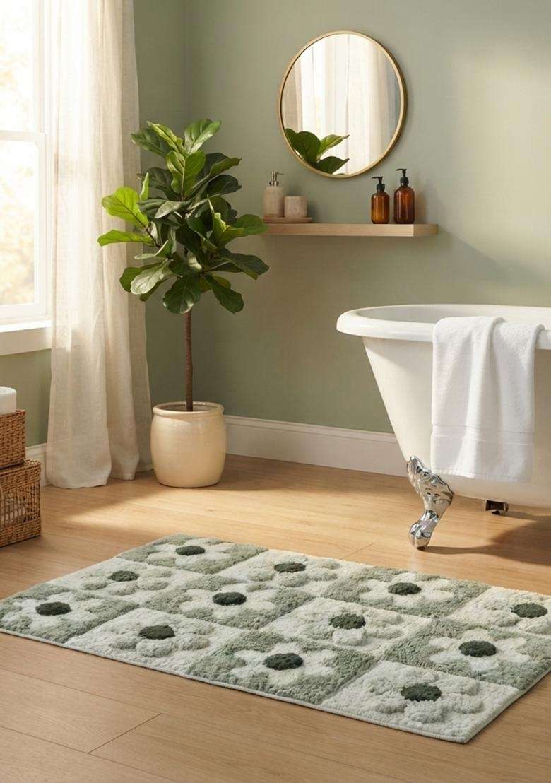 Saffron Rugs Hand Tufted Cotton Bath Mat | Sage Green Rectangular | Anti Slip Backing | Casual Floral Bathroom Rug - Indya