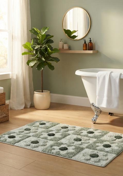 Saffron Rugs Hand Tufted Cotton Bath Mat | Sage Green Rectangular | Anti Slip Backing | Casual Floral Bathroom Rug