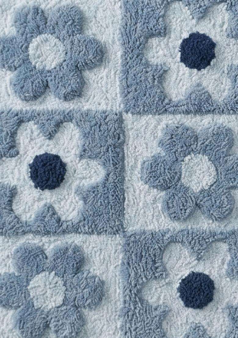 Saffron Rugs Hand Tufted Cotton Bath Mat | Light Blue Rectangular | Anti Slip Backing | Casual Floral Bathroom Rug - Indya