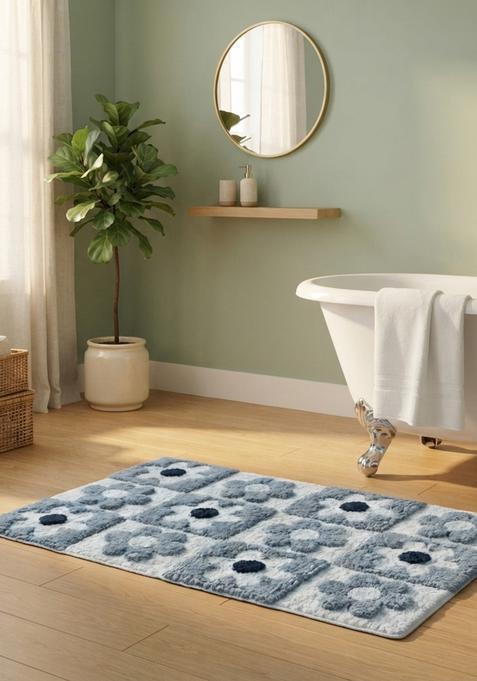 Saffron Rugs Hand Tufted Cotton Bath Mat | Light Blue Rectangular | Anti Slip Backing | Casual Floral Bathroom Rug