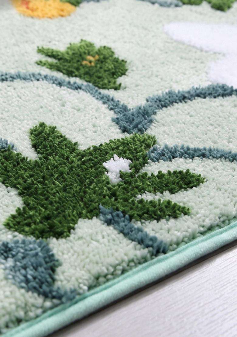 Saffron Rugs Hand Tufted Cotton Bath Mat | Mint Green Rectangular | Anti Slip Backing | Cottage Floral Bathroom Rug - Indya