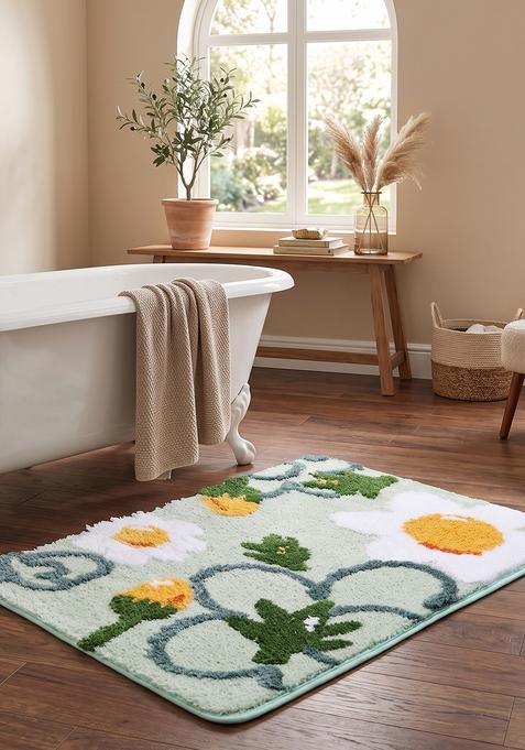 Saffron Rugs Hand Tufted Cotton Bath Mat | Mint Green Rectangular | Anti Slip Backing | Cottage Floral Bathroom Rug