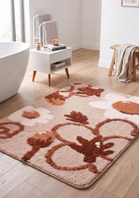 Saffron Rugs Hand Tufted Cotton Bath Mat | Peach Beige Rectangular | Anti Slip Backing | Cottage Floral Bathroom Rug