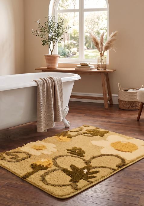 Saffron Rugs Hand Tufted Cotton Bath Mat | Beige Gold Rectangular | Anti Slip Backing | Cottage Floral Bathroom Rug